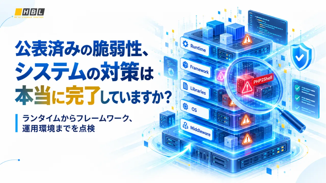 記事のイメージ:HBLAB JAPANは10月30日、PHPの重大な脆弱性「PHP2Shell」を踏まえ、未対応の脆弱性を確認する4段階の点検表を公開した