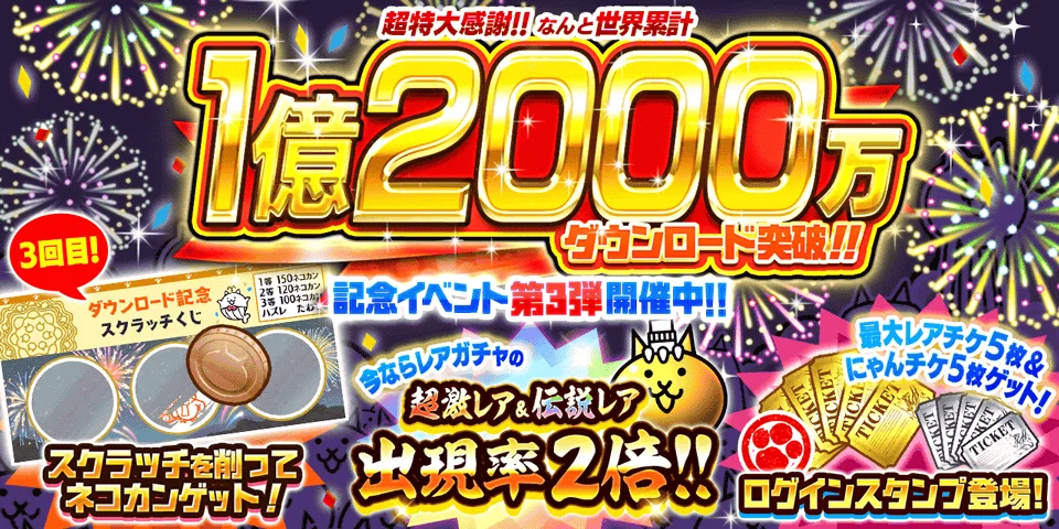 『にゃんこ大戦争』1億2000万DL記念第3弾開始 レア・伝説レア出現率2倍の記事イメージ